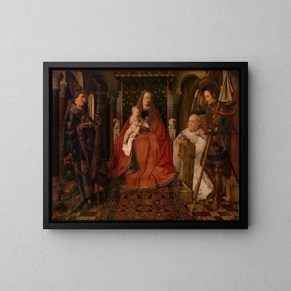Madone entourée de saint Georges, saint Donatien de Reims et du donateur, le chanoine Van der Paele - Jan van Eyck — gerahmtes Bild an der Wand