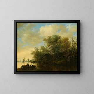 Jan van Goyen - A River Landscape With A FullyLaden Ferry Boat Approaching A Busy River Bank.webp