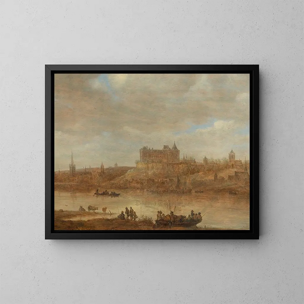 Ein Flusslandschaft mit einem Fährboot und einer Burg jenseits einer Stadt - Jan van Goyen — gerahmtes Bild an der Wand