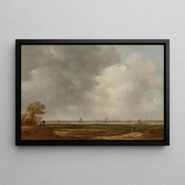 Panoramaansicht eines Flusses mit flachen Wiesen - Jan van Goyen — gerahmtes Bild an der Wand