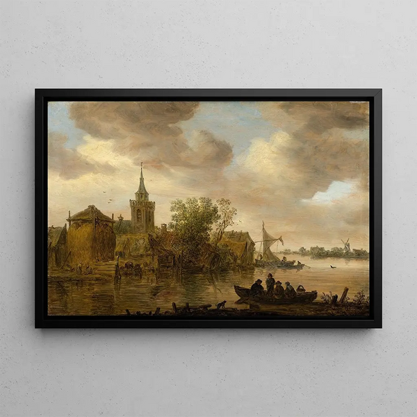 Ansicht eines Flusses mit Kirche und Bauernhof - Jan van Goyen — gerahmtes Bild an der Wand
