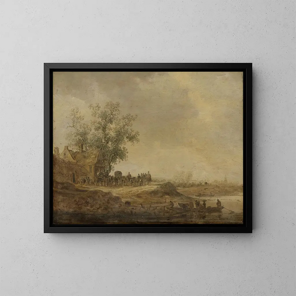 L'Arrêt avant l'Auberge - Jan van Goyen — gerahmtes Bild an der Wand