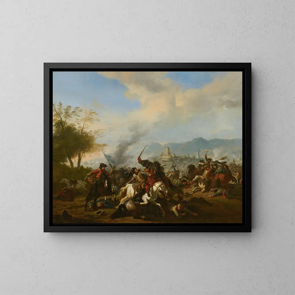 Engagement de cavalerie - Jan van Huchtenburg — gerahmtes Bild an der Wand