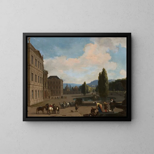 Hof des Palastes mit einem Brunnen, einem Auto und Menschen - Jan van Huchtenburg — gerahmtes Bild an der Wand