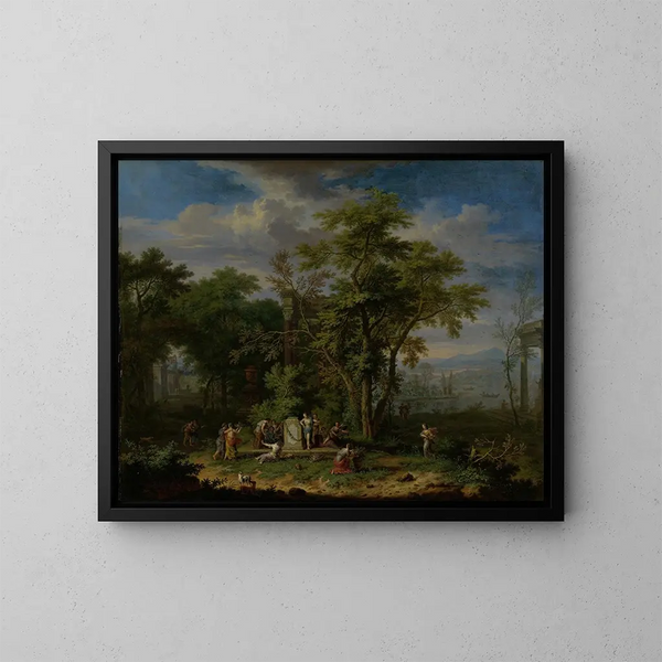 Landschaftsbild mit zeremonieller Opferhandlung - Jan van Huysum — gerahmtes Bild an der Wand