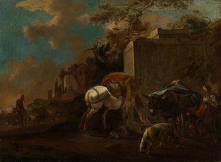 Italienisches Landschaftsgemälde mit Bauern und Vieh in der Nähe eines Brunnens - Jan van Ossenbeeck — Ansicht des Kunstwerks