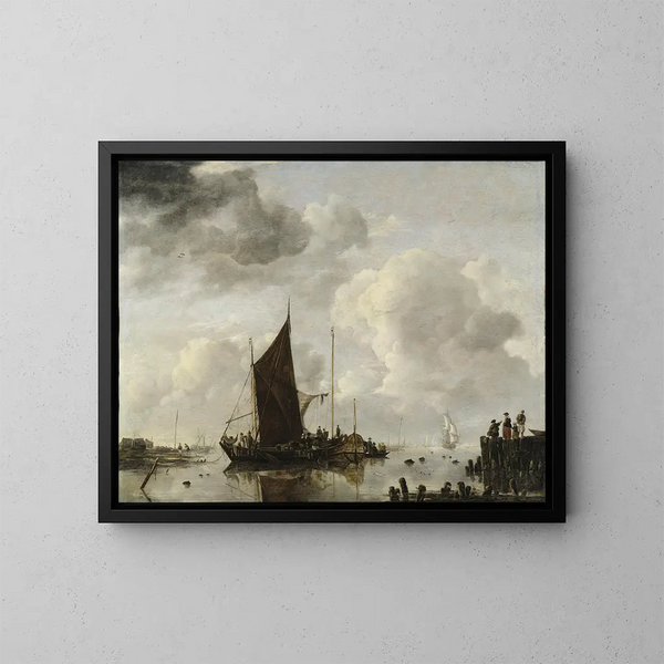 Szene am Hafen mit spiegelndem Wasser - Jan van de Cappelle — gerahmtes Bild an der Wand