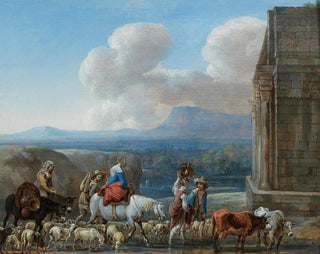 Jan van den Hecke - Shepherds and travellers by a triumphal arch in the Roman Campagna.webp
