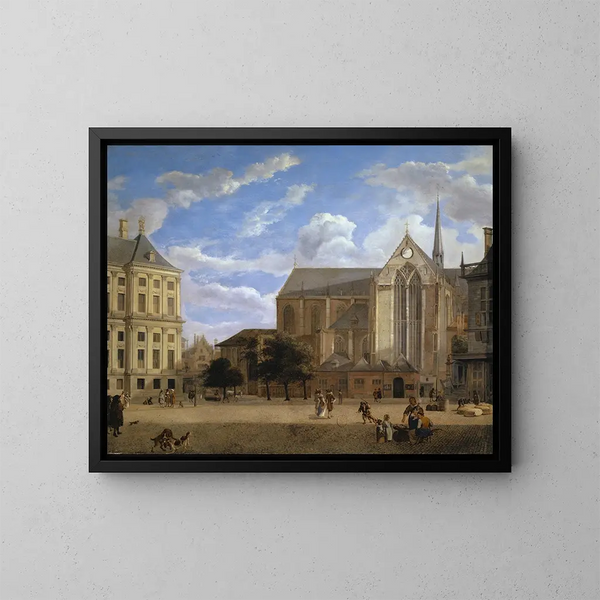 Le Dam à Amsterdam vers l'Hôtel de Ville et la Nieuwe Kerk - Jan van der Heyden — gerahmtes Bild an der Wand