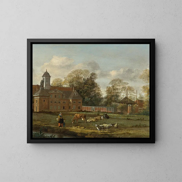 Ansicht von Goudestein mit einer Frau und einem Kind, das neben einem Damm spaziert - Jan van der Heyden — gerahmtes Bild an der Wand