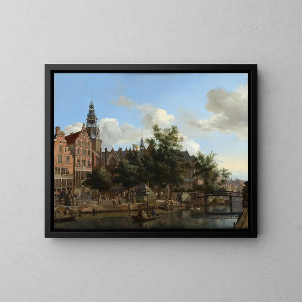 Ansicht des Oudezijds Voorburgwal mit der Oude Kerk in Amsterdam - Jan van der Heyden — gerahmtes Bild an der Wand