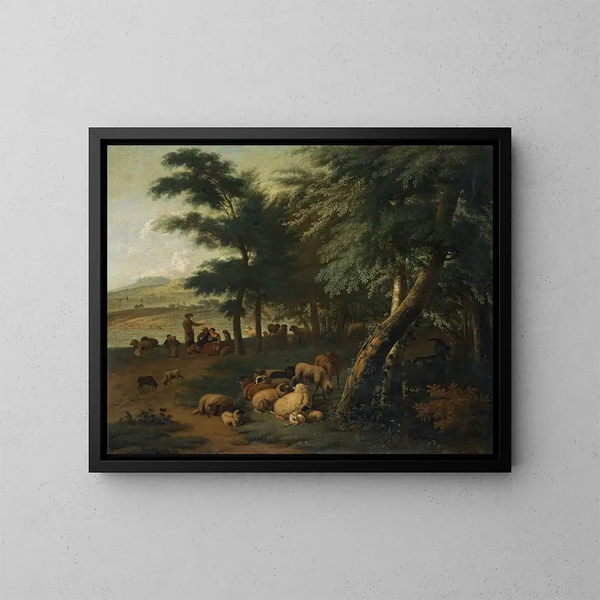 Hirten ruhen mit ihrer Herde am Waldrand - Jan van der Meer der Jüngere — gerahmtes Bild an der Wand
