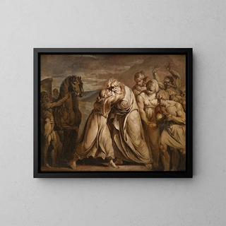Joseph findet seinen Vater Jakob in der Wüste an der Grenze zu Ägypten - Jean-Antoine Julien — gerahmtes Bild an der Wand