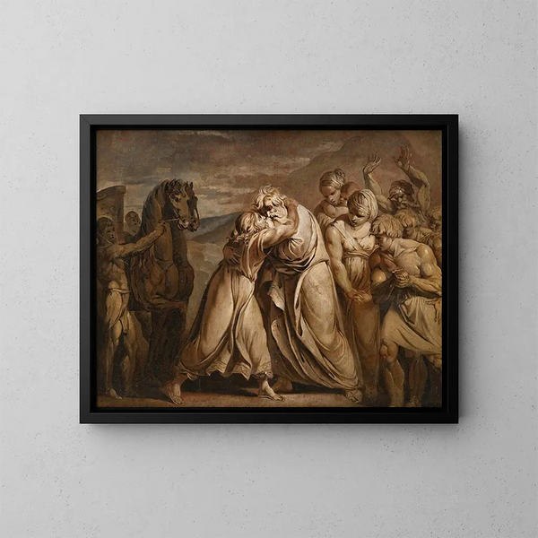 Joseph findet seinen Vater Jakob in der Wüste an der Grenze zu Ägypten - Jean-Antoine Julien — gerahmtes Bild an der Wand