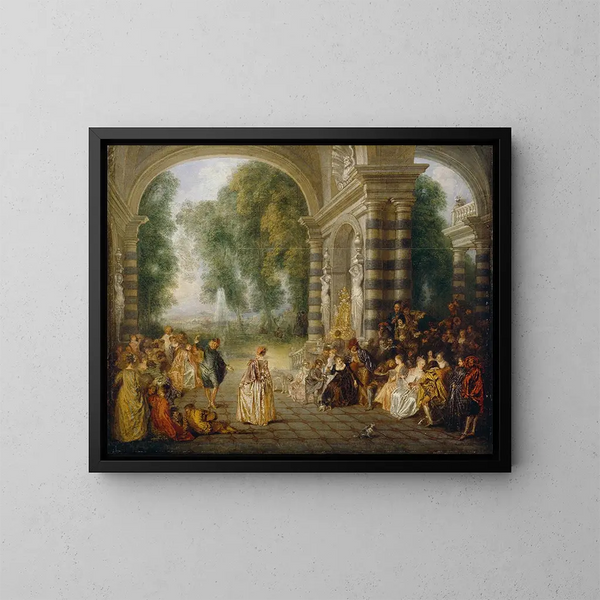 Les Plaisirs du bal - Jean-Antoine Watteau — gerahmtes Bild an der Wand