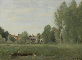 Umgebung von Mantes, kleine Häuser versteckt in den Bäumen in der Nähe des Wasserufers - Jean-Baptiste-Camille Corot — Ansicht des Kunstwerks