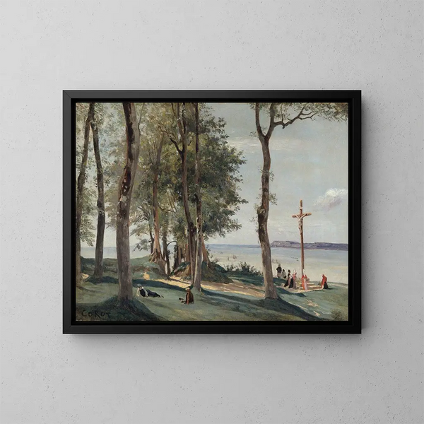 Honfleur-Kalvarie-Gemälde - Jean-Baptiste-Camille Corot — gerahmtes Bild an der Wand