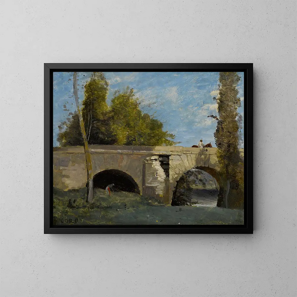 Mantes, zwei Bögen der Brücke mit einem Reiter - Jean-Baptiste-Camille Corot — gerahmtes Bild an der Wand