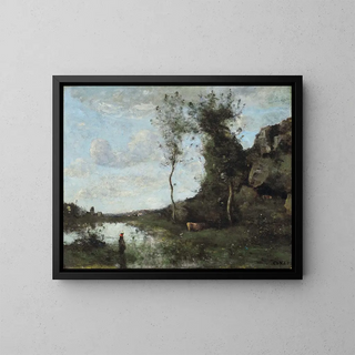 JeanBaptisteCamille Corot - Une Paysanne Et Sa Vache  La Mare En Vue Dun Village.webp