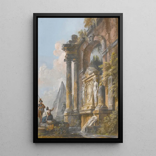 JeanBaptiste Lallemand - A View Of The Pyramid Of Caius Cestius And Ancient Ruins With A Soldier And Young Lady In The Foreground.webp