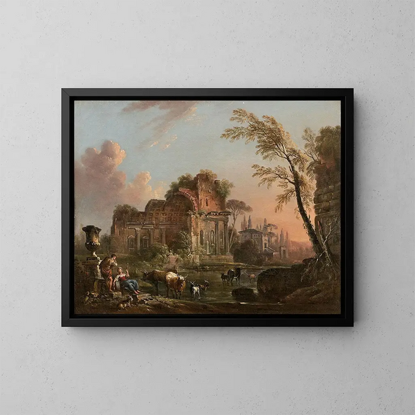Hirten in der Nähe antiker Ruinen in einer Landschaft - Jean-Baptiste Lallemand — gerahmtes Bild an der Wand