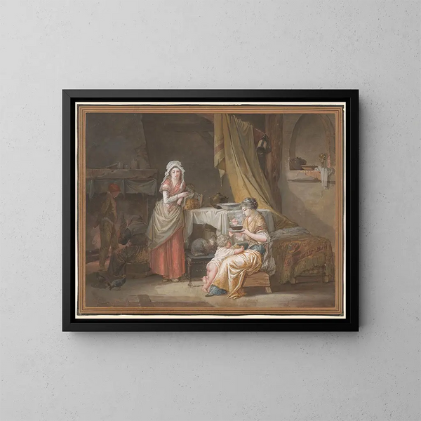 Innentafel mit einer jungen Frau und einer Amme, die einem Kind zu essen gibt - Jean-Baptiste Mallet — gerahmtes Bild an der Wand