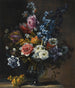Naturstillleben mit Tulpen, Hyazinthe und anderen Blumen in einer Glasvase auf einem Steinsockel - Jean-Baptiste Monnoyer — Ansicht des Kunstwerks