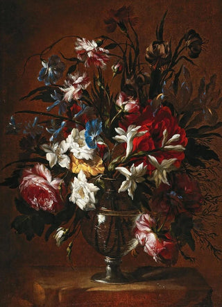 JeanBaptiste Monnoyer - Carnations roses lilies and other flowers in a vase on a ledge.webp
