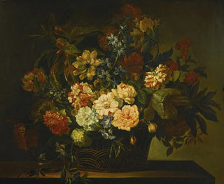 Dahlien, Tulpen, Geißblatt und andere Blumen in einem Korb auf einem Tisch - Jean-Baptiste Monnoyer — Ansicht des Kunstwerks
