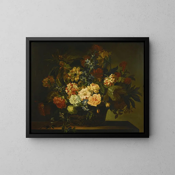 Dahlien, Tulpen, Geißblatt und andere Blumen in einem Korb auf einem Tisch - Jean-Baptiste Monnoyer — gerahmtes Bild an der Wand