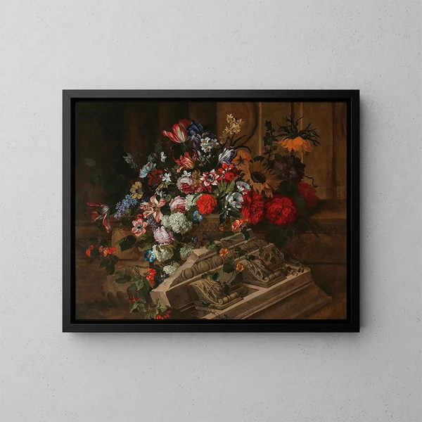 Blumen nahe einer klassischen Corniche auf einer Terrasse - Jean-Baptiste Monnoyer — gerahmtes Bild an der Wand