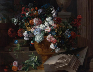 Naturstillleben mit Blumen in einer geschnitzten Urne mit architektonischen Fragmenten auf einer Terrasse - Jean-Baptiste Monnoyer — Ansicht des Kunstwerks