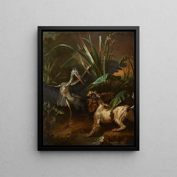 Wasserhund-Gemälde gegenüber einem Reiher - Jean-Baptiste Oudry — gerahmtes Bild an der Wand