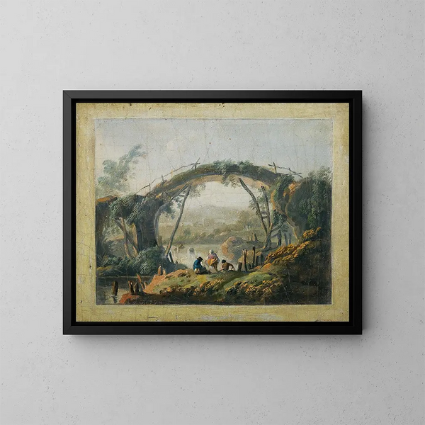 Eine Paar Flusslandschaften mit herannahenden Figuren vor einer Brücke - Jean-Baptiste Pillement — gerahmtes Bild an der Wand