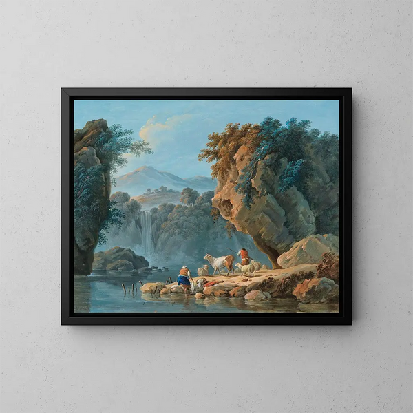 Ein Paar Hirten in einer bergigen Landschaft - Jean-Baptiste Pillement — gerahmtes Bild an der Wand