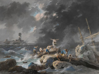 Ein Schiffsunglück an einer Küste während eines Sturms mit einem Leuchtturm in der Ferne - Jean-Baptiste Pillement — Ansicht des Kunstwerks