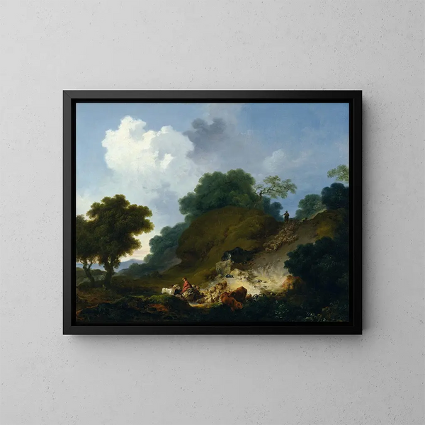 Landschaft mit Hirten und einer Schafherde - Jean-Honoré Fragonard — gerahmtes Bild an der Wand