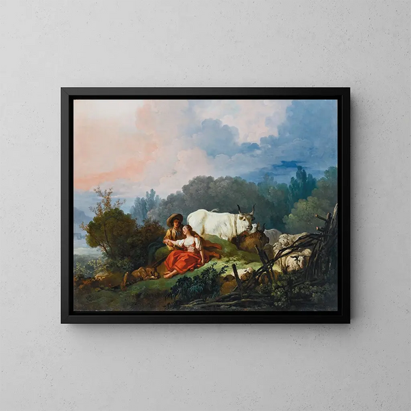 Landschaftsbild mit einem Hirten und einer Hirtin in Ruhe - Jean-Honoré Fragonard — gerahmtes Bild an der Wand