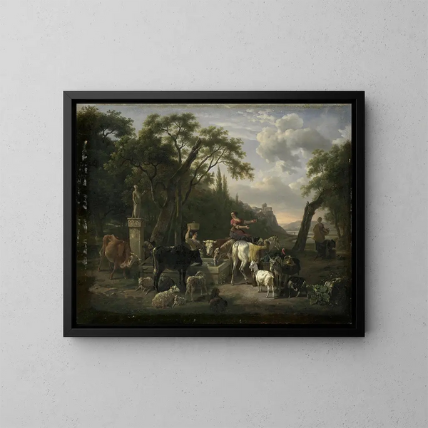 Italienisches Landschaftsgemälde mit Hirten und Tieren in der Nähe eines Brunnens - Jean-Louis Demarne — gerahmtes Bild an der Wand