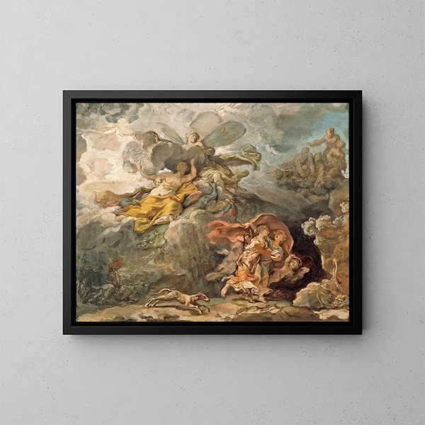 Énée und Dido flieht vor dem Sturm - Jean-Bernard Restout — gerahmtes Bild an der Wand