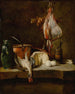 Naturstillleben mit einem Rochen, einem Korb Zwiebeln, Eiern, Käse, einer grünen Krug und einem Kupferkrug - Jean Siméon Chardin — Ansicht des Kunstwerks