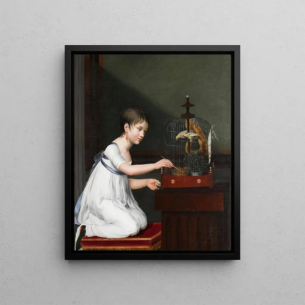 Jeanne Elisabeth Chaudet - A Young Girl In A White Dress With A Green Sash Kneeling By A Bird Cage While Tending To Her Birds.webp
