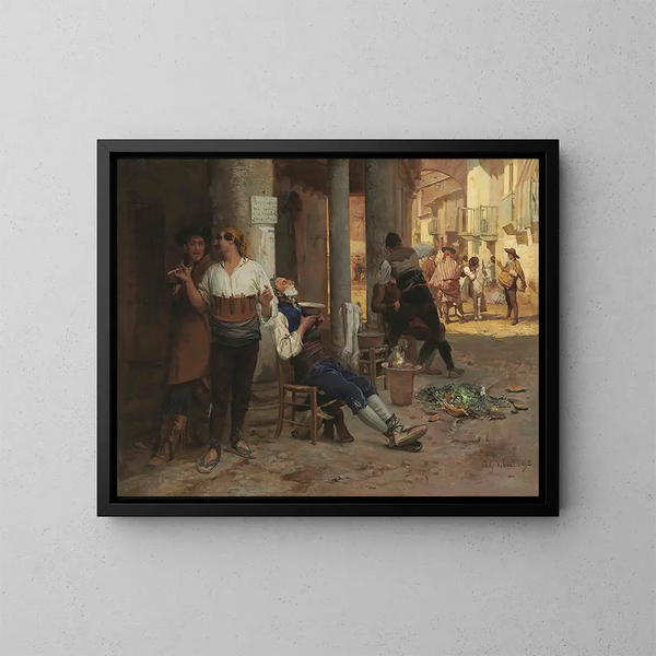 Barbier ambulant en Espagne - Jehan Georges Vibert — gerahmtes Bild an der Wand
