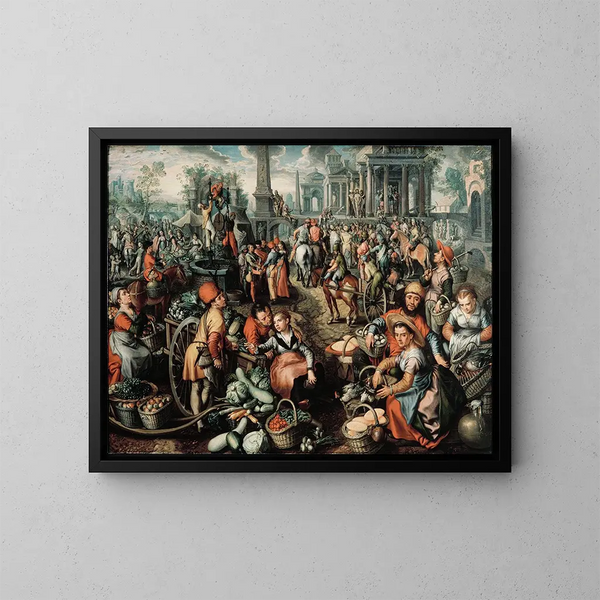 Szene auf dem Markt, Ecce Homo, die Geißelung und das Kreuztragen - Joachim Beuckelaer — gerahmtes Bild an der Wand