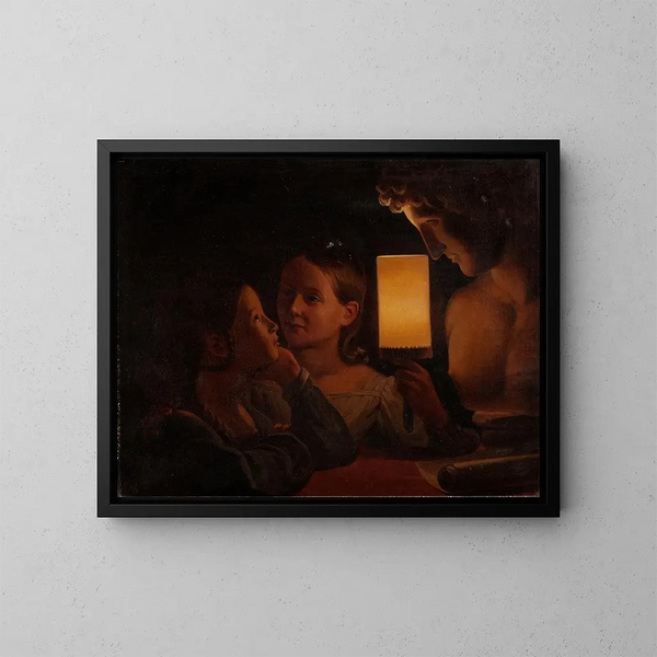 Zwei Kinder, die eine geschnitzte Büste beleuchten - Johan Gustaf Sandberg — gerahmtes Bild an der Wand