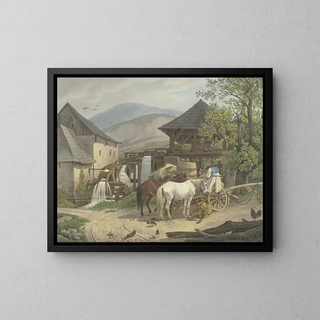 von Johann Adam Klein: Sägemühle und Mehlmühle im Stickelberger-Tal bei Wiener Neustadt an der ungarischen Grenze — gerahmtes Bild an der Wand
