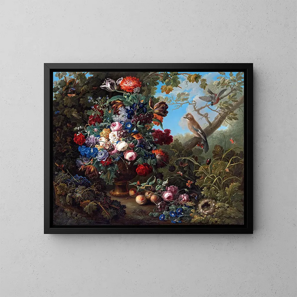 Großes Blumenstillleben mit Vögeln - Johann Baptist Drechsler — gerahmtes Bild an der Wand