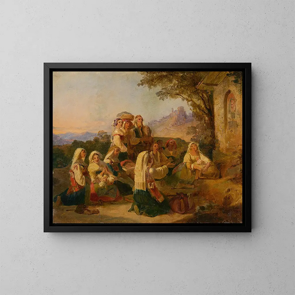 Italienische Bauern beim Gebet vor einer Kapelle in der Nähe von Cervara - Johann Baptist Kirner — gerahmtes Bild an der Wand