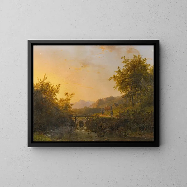 Landschaftsgemälde mit Bauern, die bei Sonnenuntergang an einem Fluss entlanggehen - Johann Bernhard Klombeck — gerahmtes Bild an der Wand