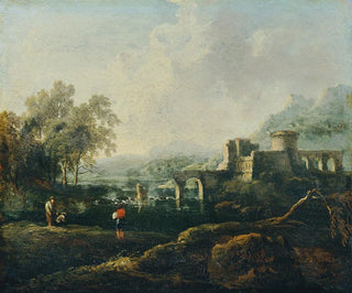 Johann Christian Brand - Ideale Landschaft mit Fluss und Brckenruine Der Morgen.webp